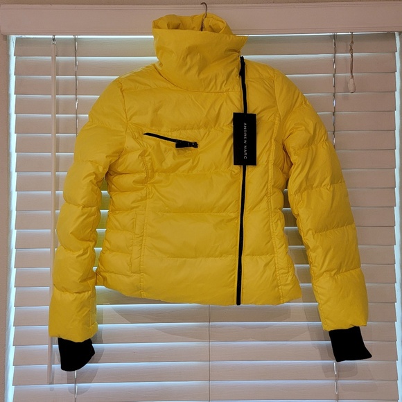 Andrew Marc Moto Puffer Jacket Girls Size 14 Bright Yellow Quilted Down NWT NEW - Picture 1 of 7